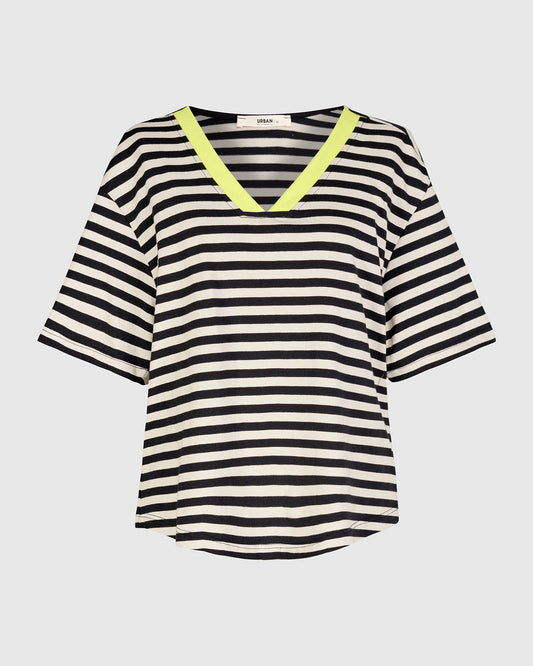 Alembika Black & Beige Stripe Relaxed Fit V‑Neck T‑Shirt with Neon Trim and Short Sleeves UT112E