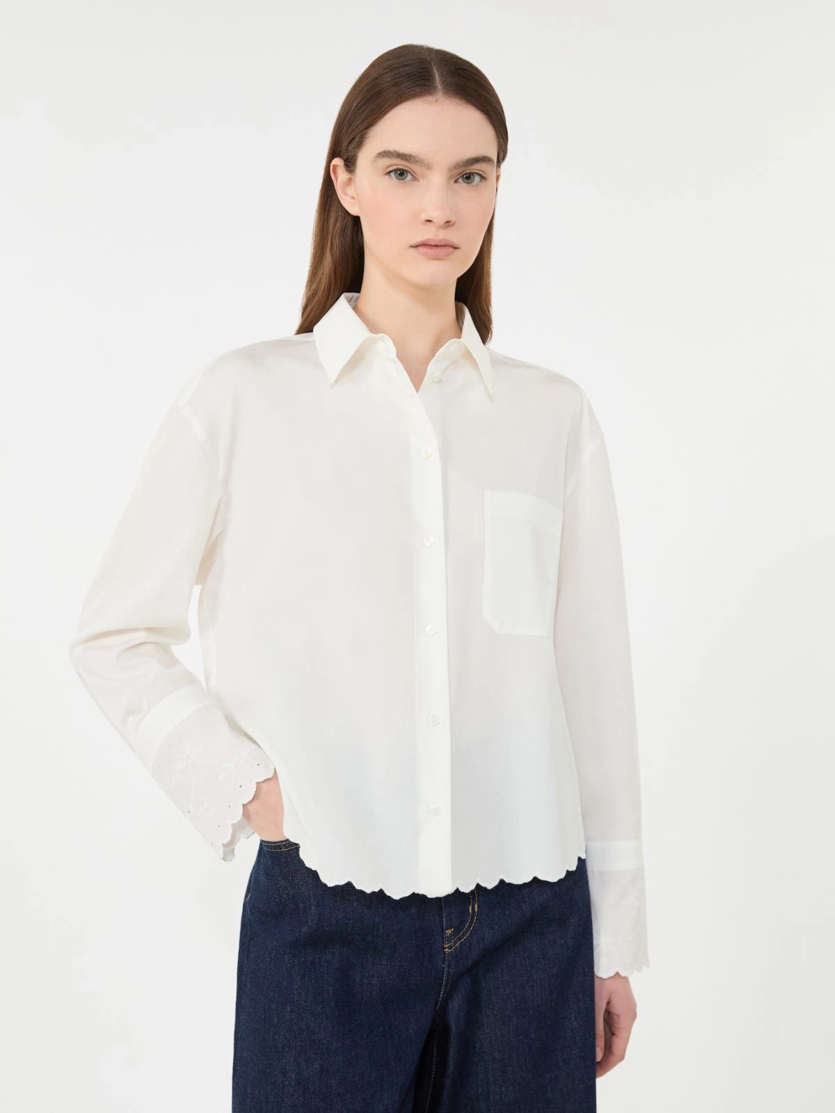 Max Mara Weekend Ivory Classic Cotton Shirt with Embroidered Hem