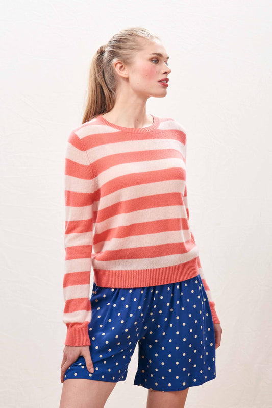 Jumper 1234 Cashmere Stripe Crew Sweater in Cerise & Powder Puff ZNC24-050