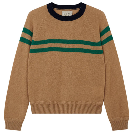 Jumper 1234 Sand Cashmere Crew Neck Jumper with Green Stripe