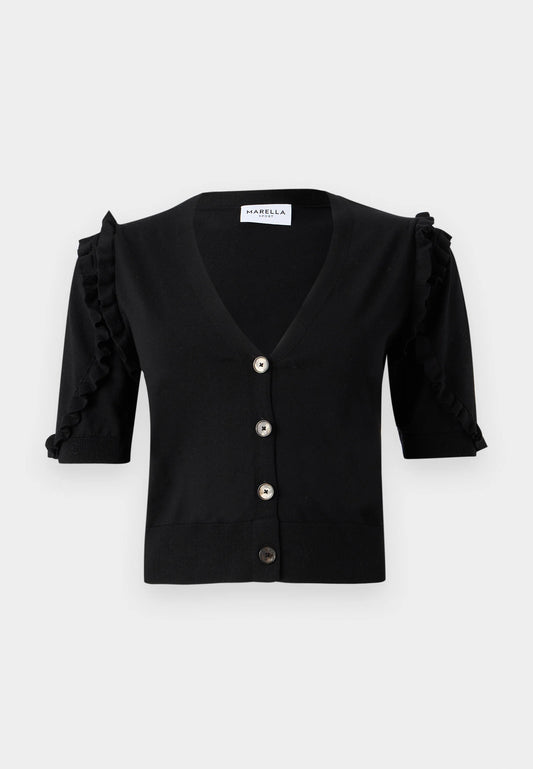 Marella Sport Black V-Neck Cardigan with Frill detailing on Shoulder and Sleeve MLSTEGLIA