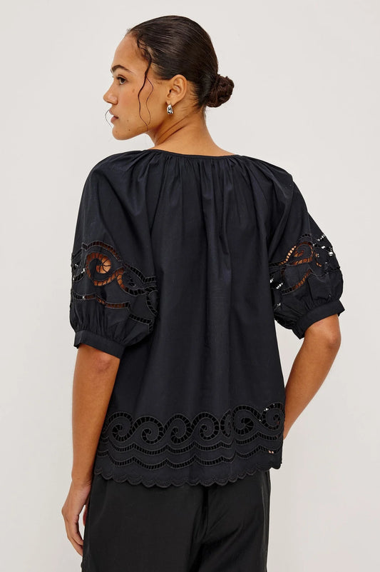 Rails Black Embroidered Cotton Top with Puff Sleeves & Scalloped Hem CATALENE