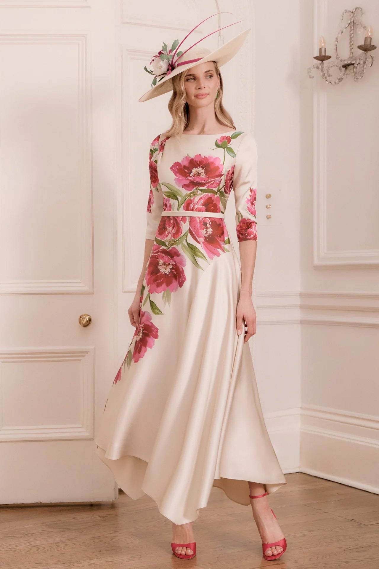John Charles Ecru & Peony 3/4 Sleeve Midi Dress 66798
