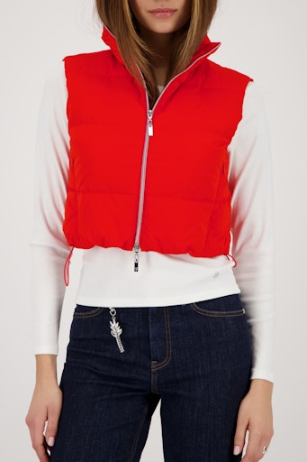 Monari Chilli Red Cropped Padded Gilet with Stand Collar and Zip Front 410350
