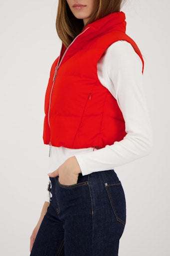 Monari Chilli Red Cropped Padded Gilet with Stand Collar and Zip Front 410350