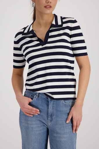 Monari Marine Blue Polo Top with Stripes 410903