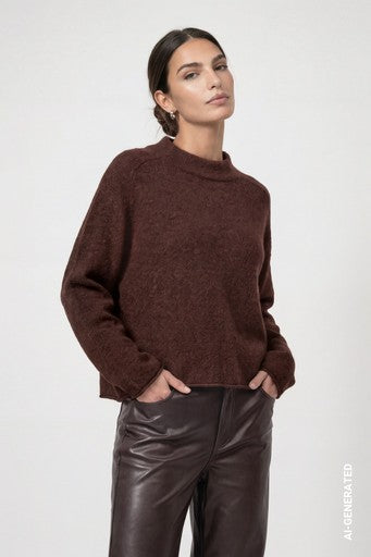 Monari Coffee Fluffy Knitted Sweater with Rolled Hem