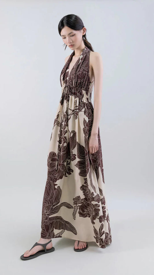 Psophia Chocolate Print Orient Contour Plunge Halter Dress 213DRS2649