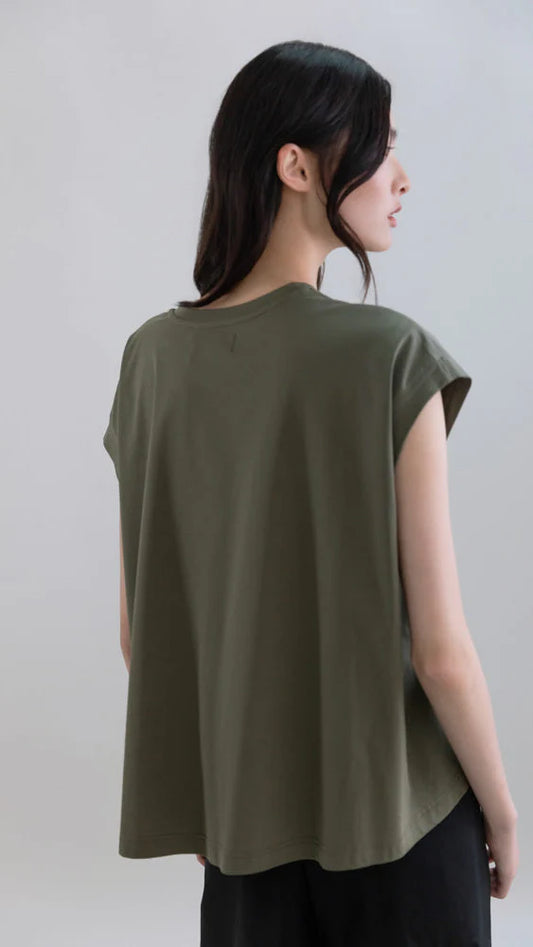 Psophia Khaki Low Shoulder Mercerized Cotton T-shirt V-neck 504TSH2789