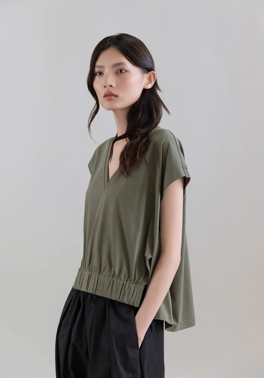 Psophia Khaki Low Shoulder Mercerized Cotton T-shirt V-neck 504TSH2789