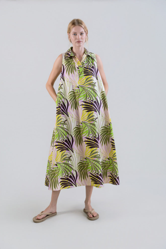 Psophia Multi-Coloured Fern Print Cotton Midi Dress  Sleeveless Shirt -  Jane Young