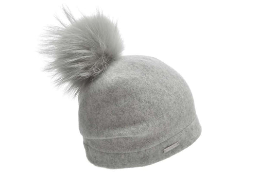 Seeberger Light Grey Boiled Wool Headsock with Real Fur Pompom 035205
