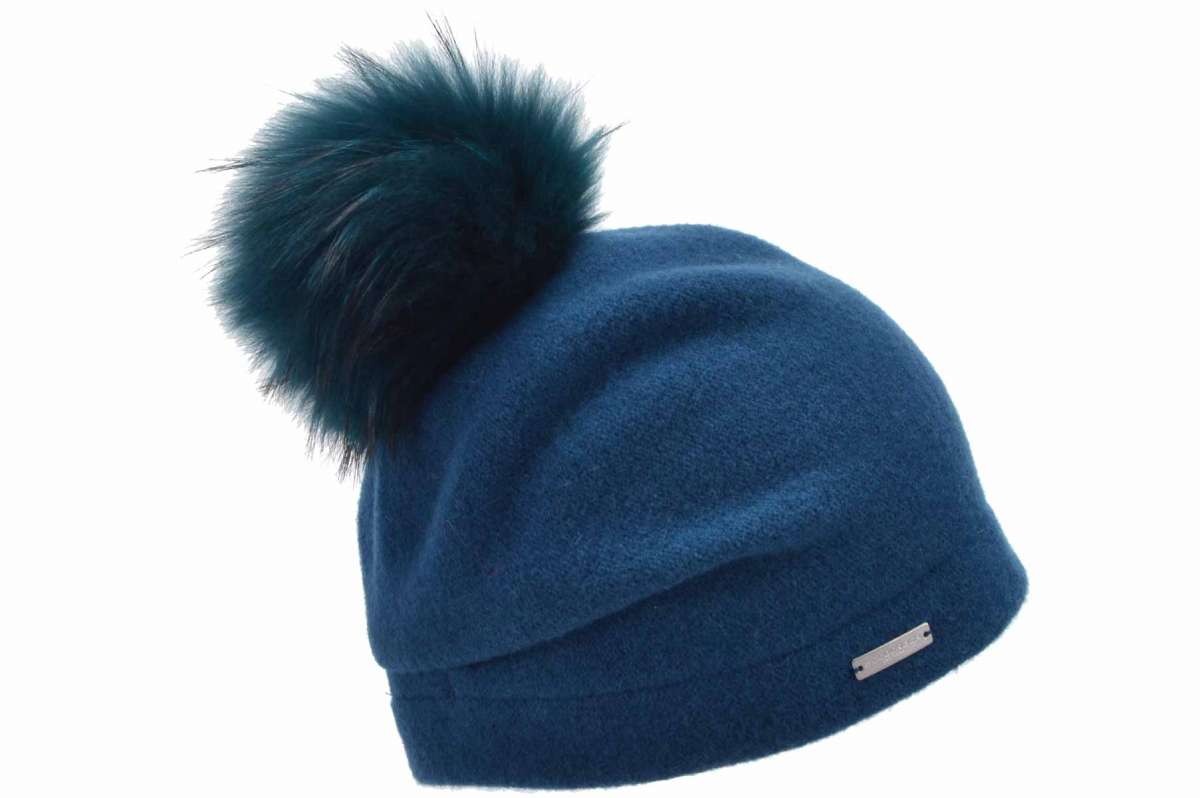 Seeberger Petrol Boiled Wool Headsock with Real Fur Pompom 035205