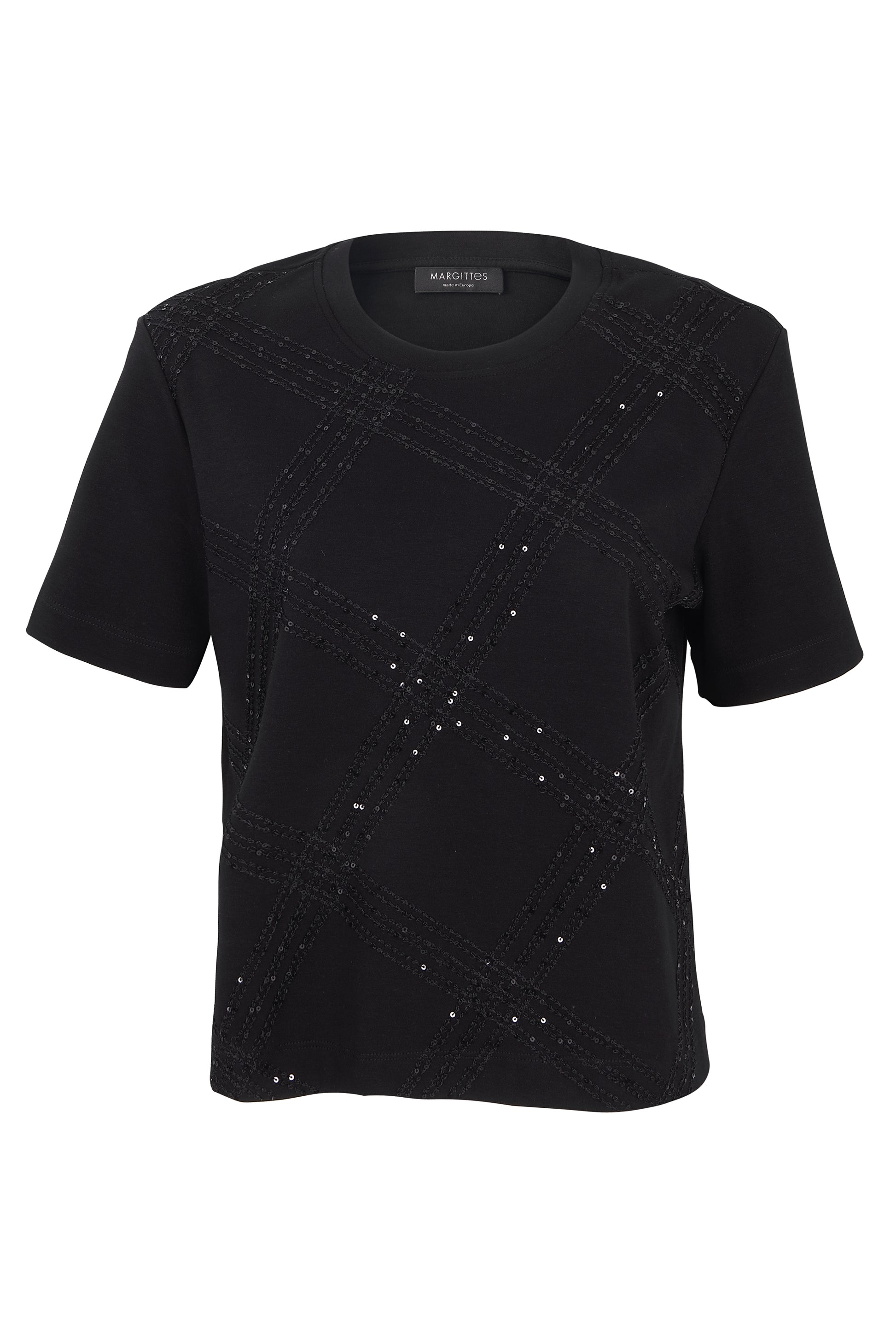 Margittes Black Cotton Sequin Embroidered T-Shirt