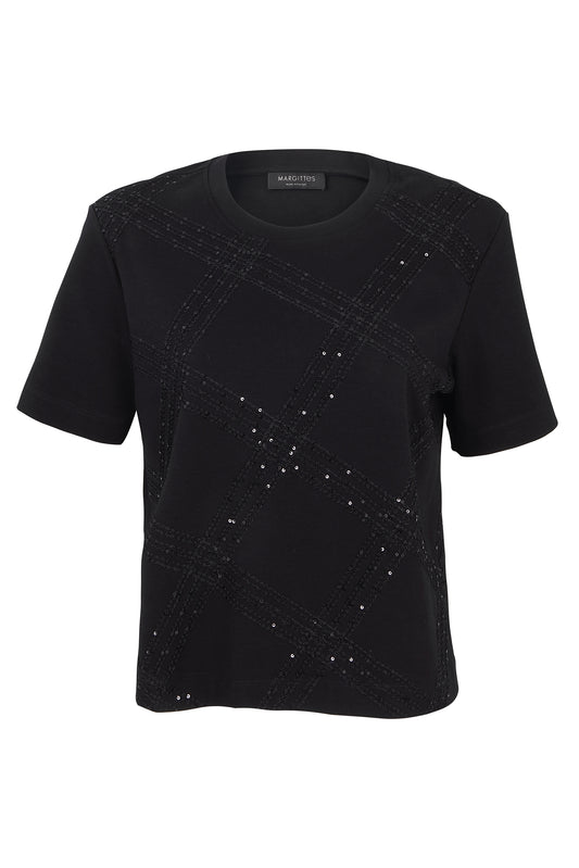 Margittes Black Cotton Sequin Embroidered T-Shirt