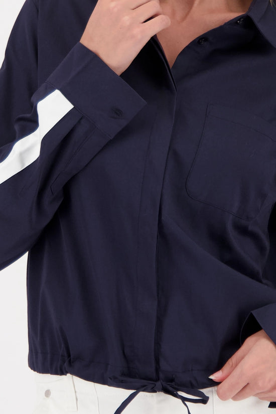 Monari Marine Blouse with Contrast Stripes and Tie Hem 410433