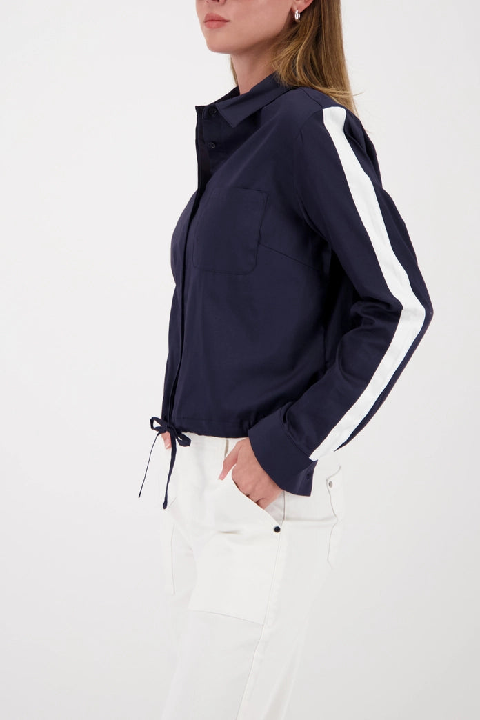 Monari Marine Blouse with Contrast Stripes and Tie Hem 410433