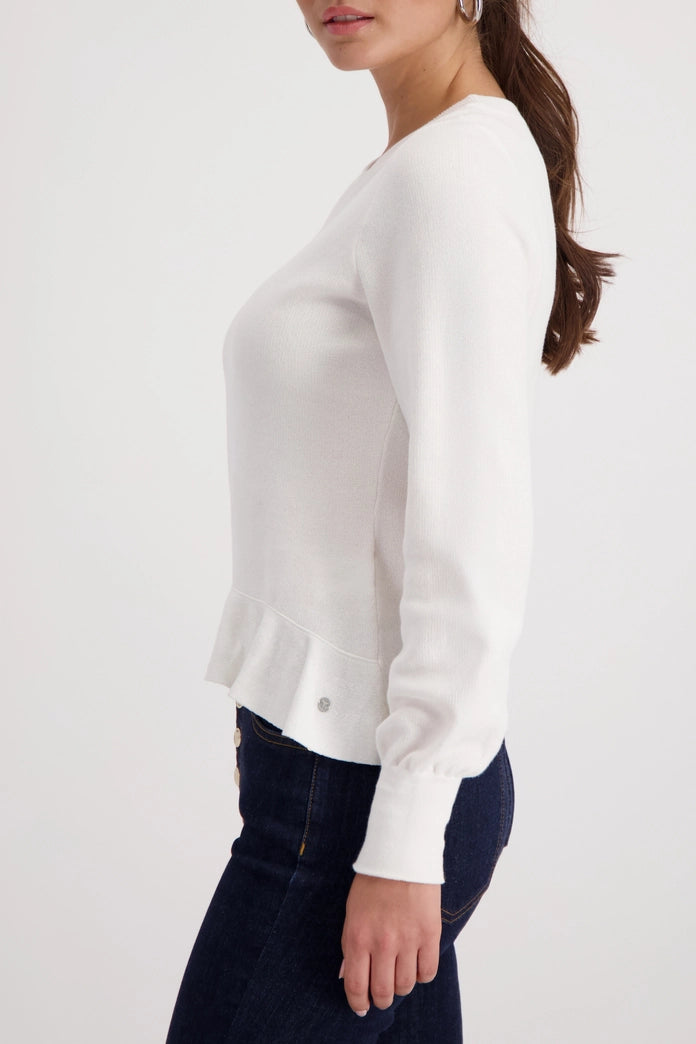 Monari Off-White Knitted Cotton Sweater with Flounces 410208