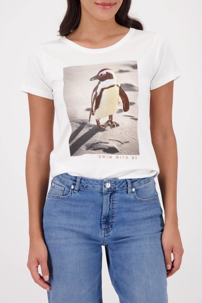 Monari Off-White Crew Neck T-Shirt with Penguin Print 410139