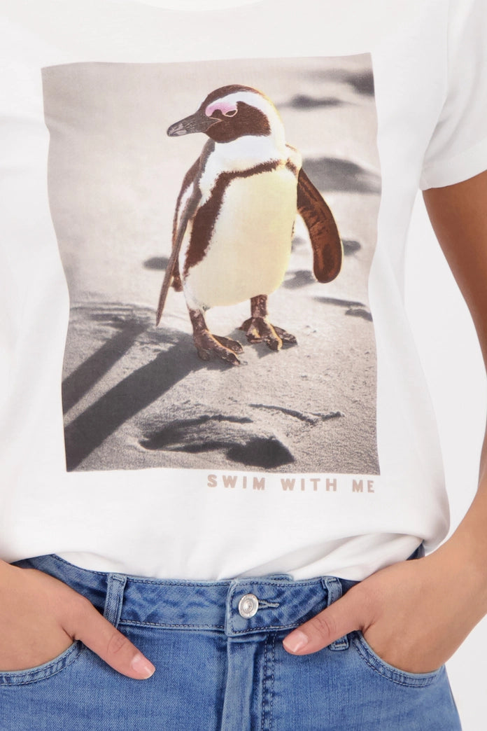 Monari Off-White Crew Neck T-Shirt with Penguin Print 410139