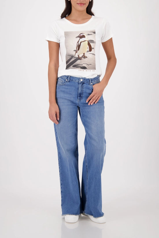 Monari Off-White Crew Neck T-Shirt with Penguin Print 410139