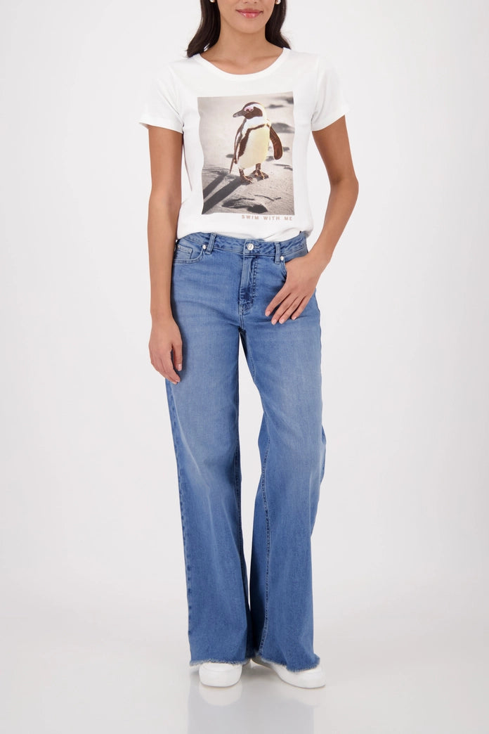 Monari Off-White Crew Neck T-Shirt with Penguin Print 410139