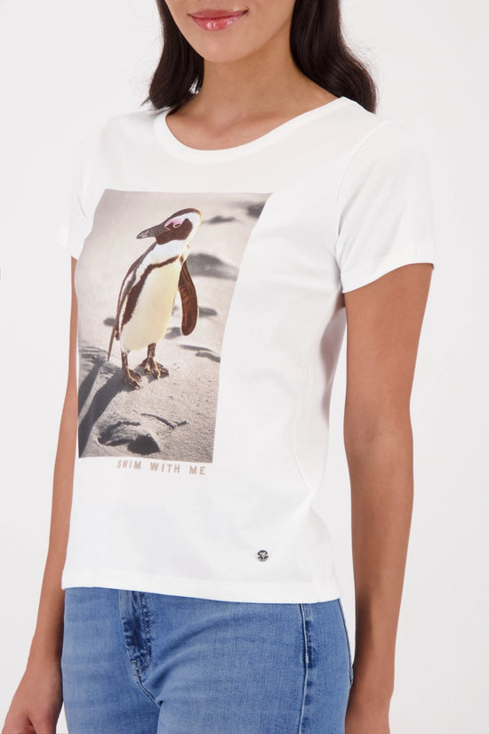 Monari Off-White Crew Neck T-Shirt with Penguin Print 410139