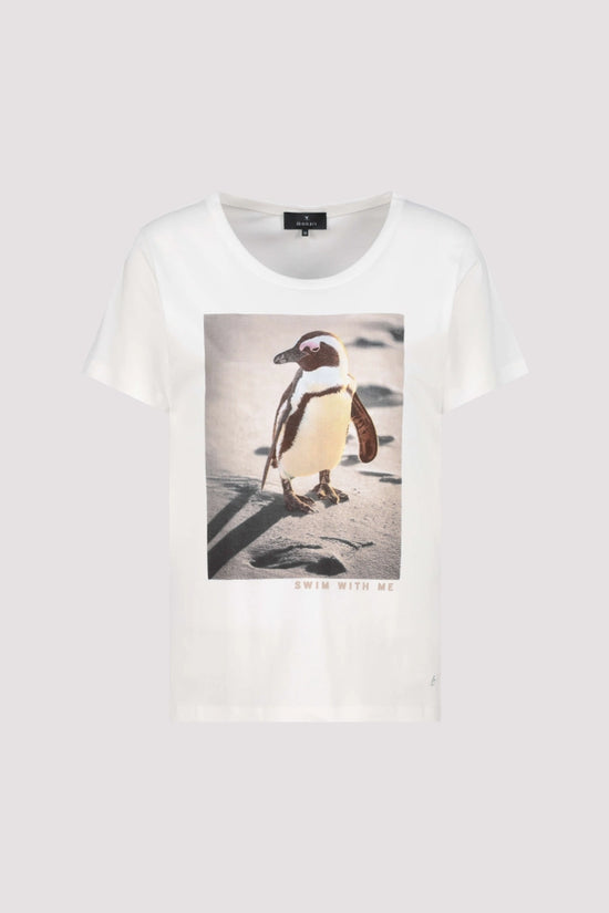 Monari Off-White Crew Neck T-Shirt with Penguin Print 410139