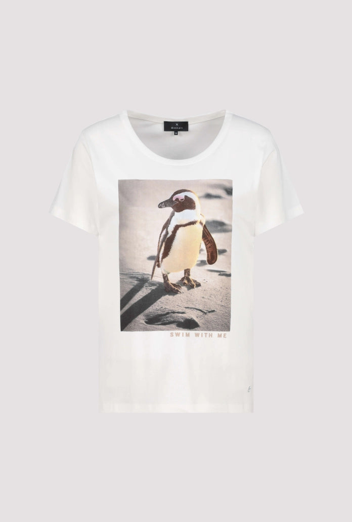 Monari Off-White Crew Neck T-Shirt with Penguin Print 410139