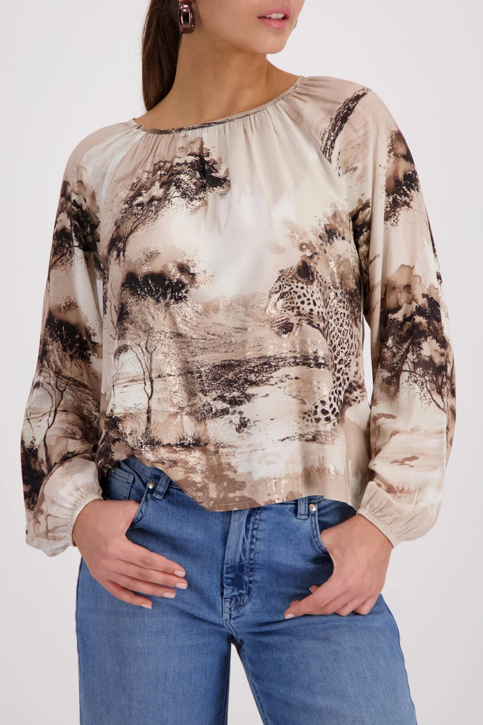 Monari Sand Long Sleeve Blouse with Savannah Print 410190