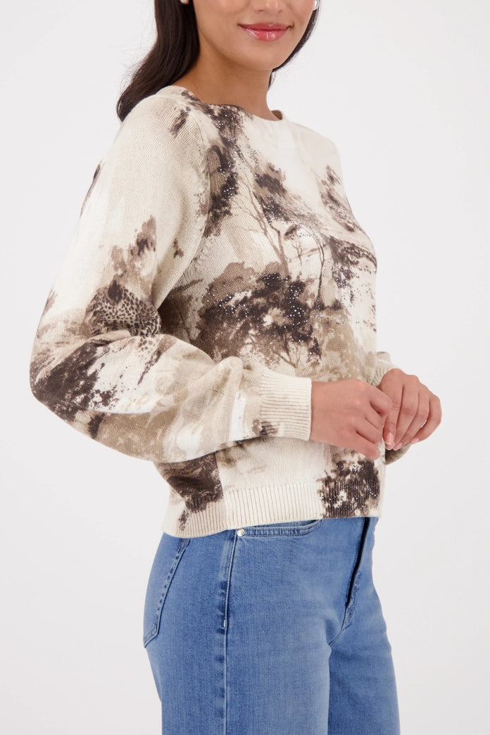 Monari Sand Crew Neck Sweater with Savannah Print 410382