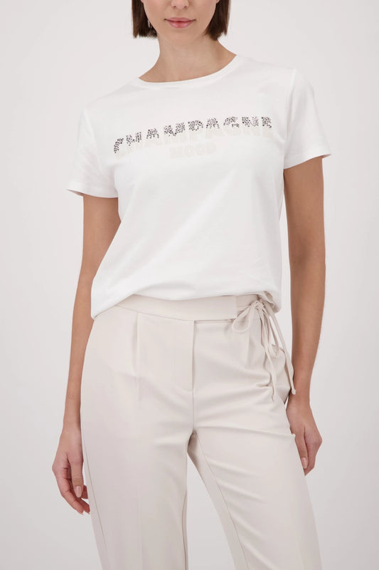 Monari Off White Crew Neck T-Shirt with 'Champagne Mood' Motif 410196