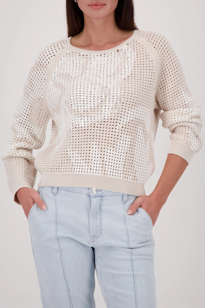 Monari Champagne Ajour Sweater - Crew neck, Ribbed Cuffs 410280