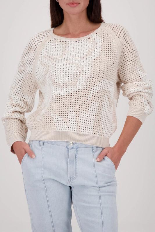Monari Champagne Ajour Sweater - Crew neck, Ribbed Cuffs 410280