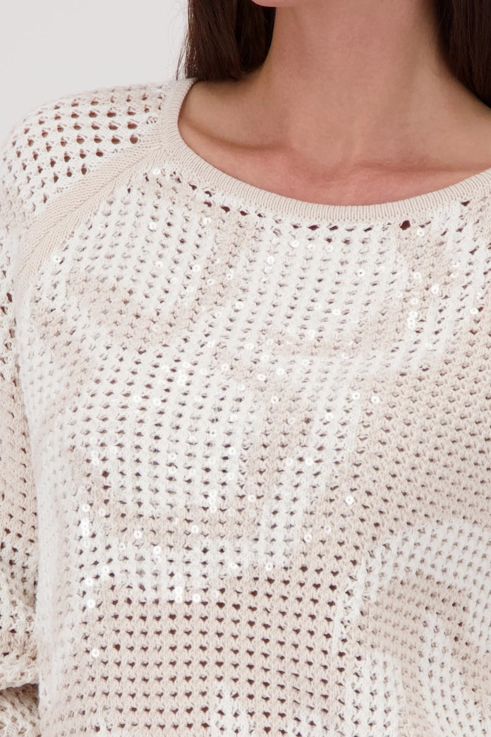 Monari Champagne Ajour Sweater - Crew neck, Ribbed Cuffs 410280