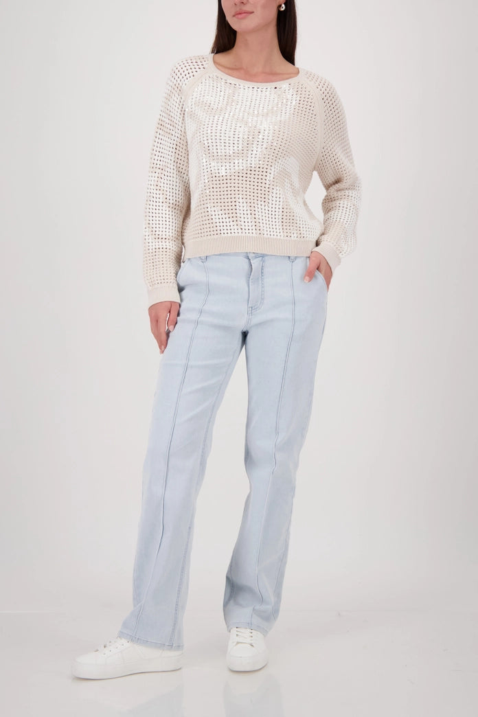Monari Champagne Ajour Sweater - Crew neck, Ribbed Cuffs 410280