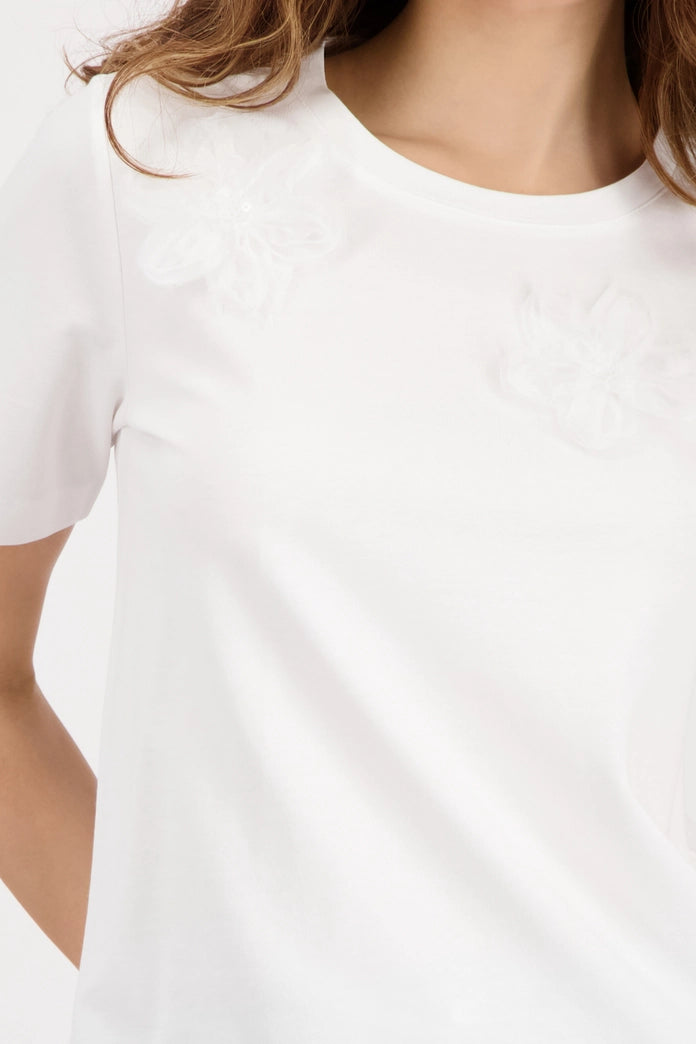 Monari Off-White Crew Neck Short Sleeve T-Shirt with 3-D Flowers 410426