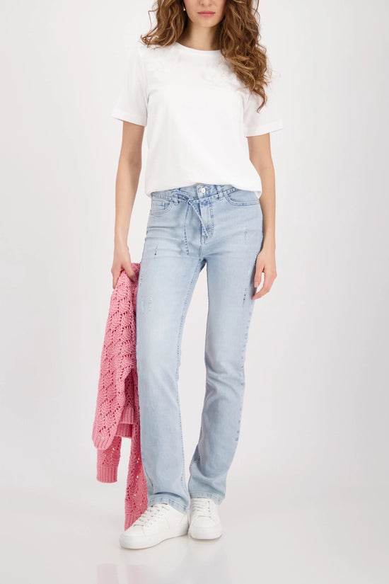 Monari Off-White Crew Neck Short Sleeve T-Shirt with 3-D Flowers 410426