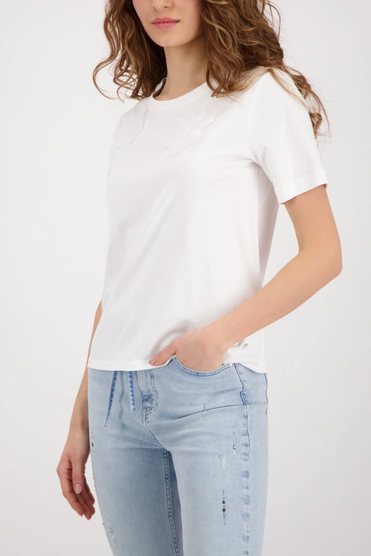 Monari Off-White Crew Neck Short Sleeve T-Shirt with 3-D Flowers 410426