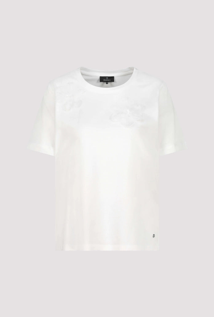 Monari Off-White Crew Neck Short Sleeve T-Shirt with 3-D Flowers 410426