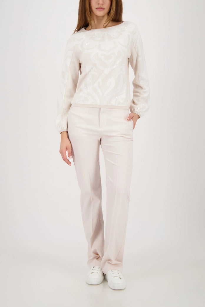 Monari Champagne Crew Neck Sweater with Jacquard Pattern, sequins 410287