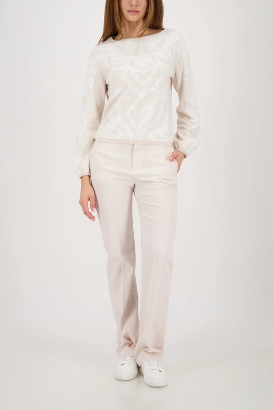 Monari Champagne Crew Neck Sweater with Jacquard Pattern, sequins 410287