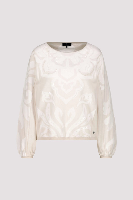 Monari Champagne Crew Neck Sweater with Jacquard Pattern, sequins 410287