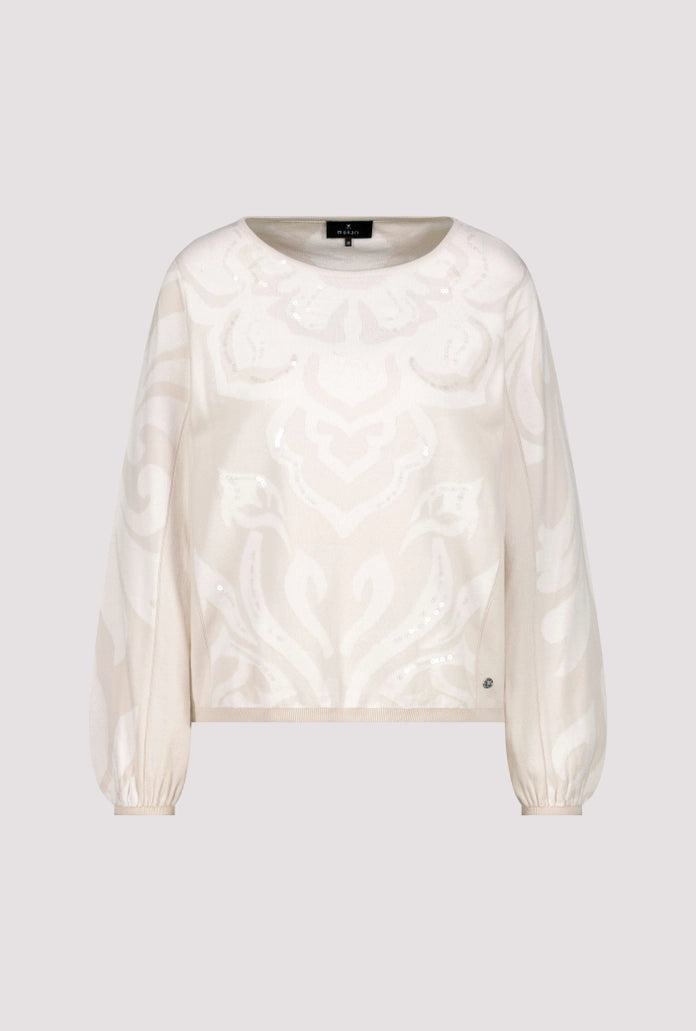 Monari Champagne Crew Neck Sweater with Jacquard Pattern, sequins 410287