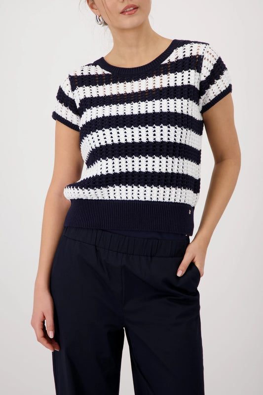 Monari Marine Blue & White Striped Short Sleeve Ajour Sweater 410893