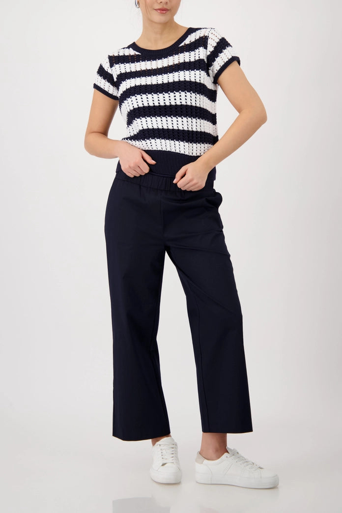 Monari Marine Blue & White Striped Short Sleeve Ajour Sweater 410893