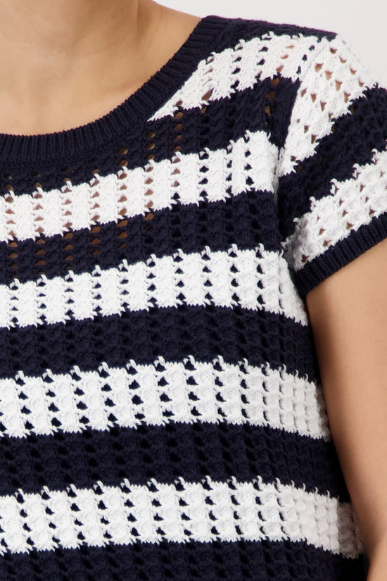 Monari Marine Blue & White Striped Short Sleeve Ajour Sweater 410893