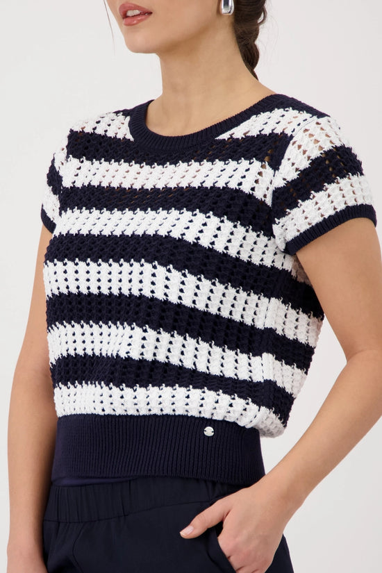 Monari Marine Blue & White Striped Short Sleeve Ajour Sweater 410893