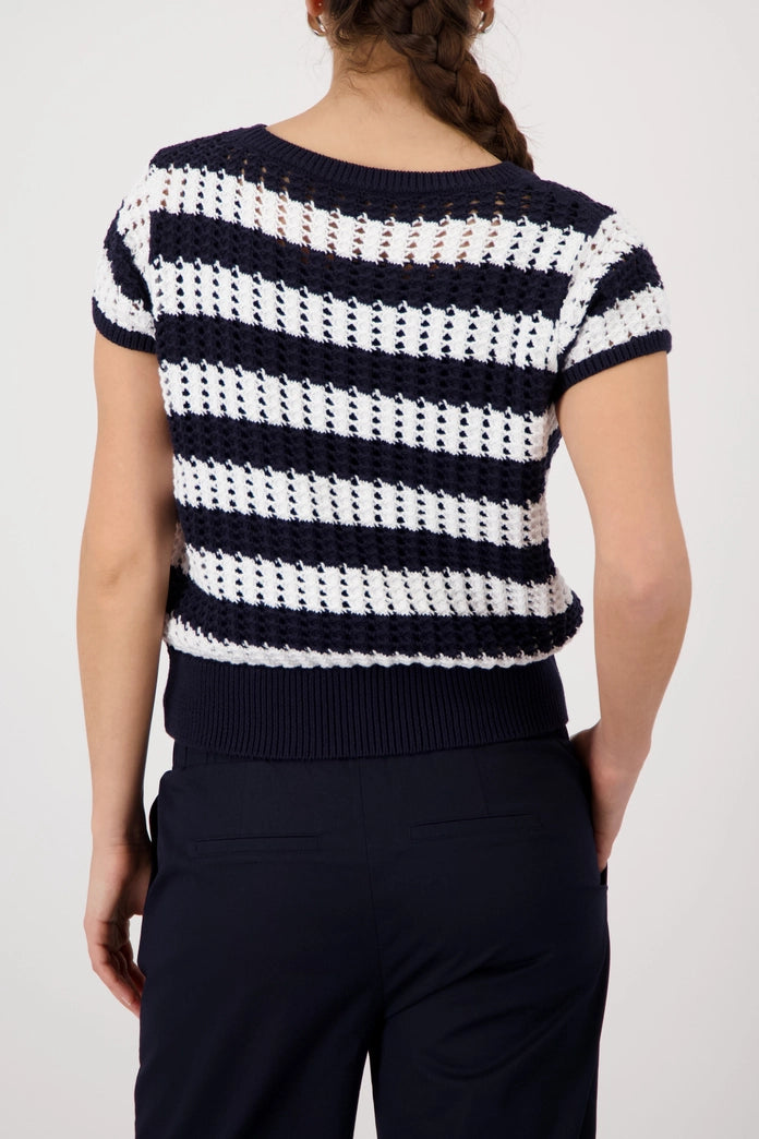 Monari Marine Blue & White Striped Short Sleeve Ajour Sweater 410893