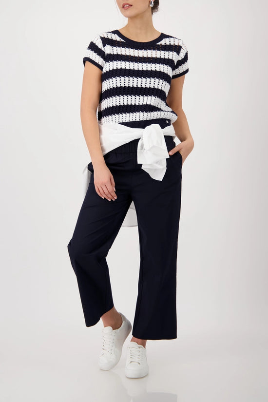 Monari Marine Blue & White Striped Short Sleeve Ajour Sweater 410893